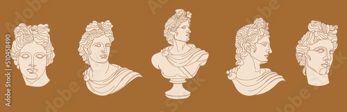 Set of one line Ancient Greek god statue. Apollo classical mythological sculptures in different poses. Vector art for design of posters, clothes, logo, invitations on mustard color background.