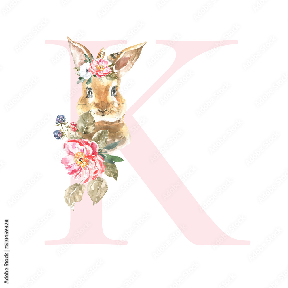 Fototapeta premium Watercolor Pink Animals Floral Alphabet letter K with cute watercolor bunny animal. Floral letter element for baby shower, Monogram for wedding, logo, frame art, poster, name sign wedding invite diy