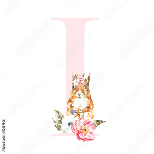 Watercolor Pink Animals Floral Alphabet letter I with cute watercolor squirre animal. Floral letter element for baby shower, Monogram for wedding, logo, frame art, poster, name sign wedding invite diy photo