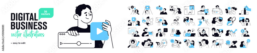 Business concept illustrations. Set of people vector illustrations in various activities of online business, startup, management, project development, communication, social media.  - obrazy, fototapety, plakaty 