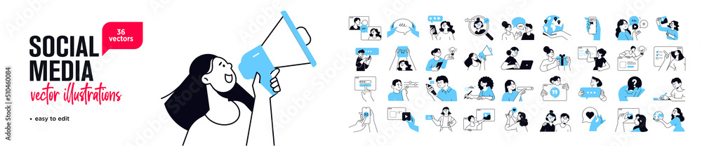 Social media concept illustrations. Set of people vector illustrations in various activities of social network, digital marketing, online communication, internet services.  - obrazy, fototapety, plakaty 