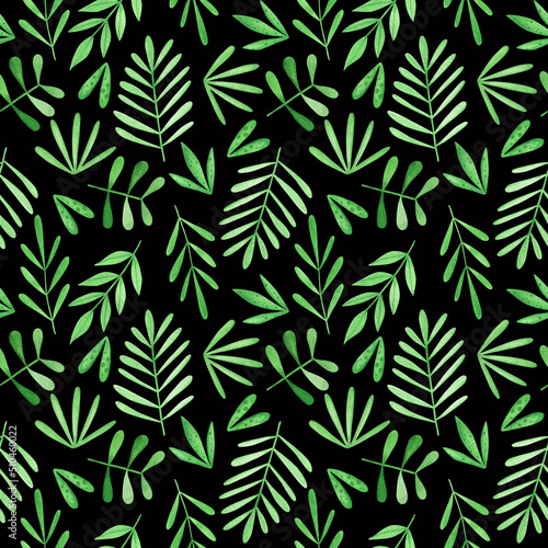 Seamless pattern with watercolor green leaves