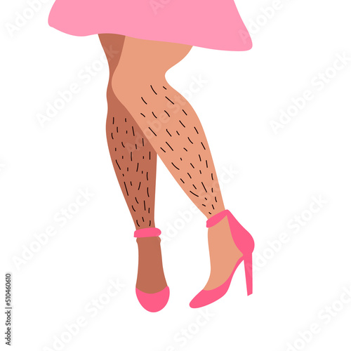 Female unshaved hairy legs in pink high heels. Before hair epilation. Skin care, woman love your body. Self Acceptance, Beauty Diversity, Body Positive. Hand drawn flat trendy fashion illustration