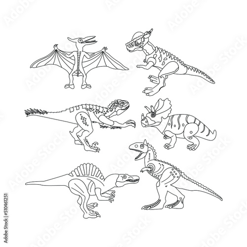 Dinosaurs Line Colouring Book Set. Vector Illustration of Nature Animal.