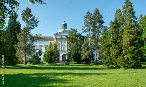 Classicist-style manor house and castle in Topolcianky park. Slovakia.