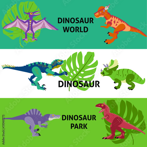 Dinosaurs Web Banners Set. Vector Illustration of Nature Animal.