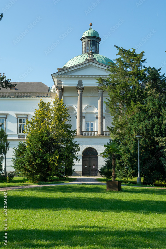 Classicist-style manor house and castle in Topolcianky park. Slovakia.