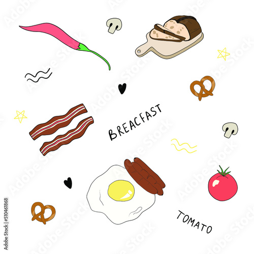 Food for breakfast. Bacon, scrambled eggs and sausages, bread, tomato and pepper.Tasty food and drinks. Trendy vector illustrations. 