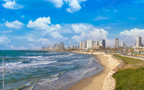 Scenic Israel Tel Aviv coastline seashore promenade with hotels and beaches near Old Jaffa port.