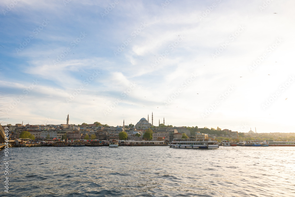 Istanbul view from Galata Bridge. Suleymaniye Mosque and Eminonu district