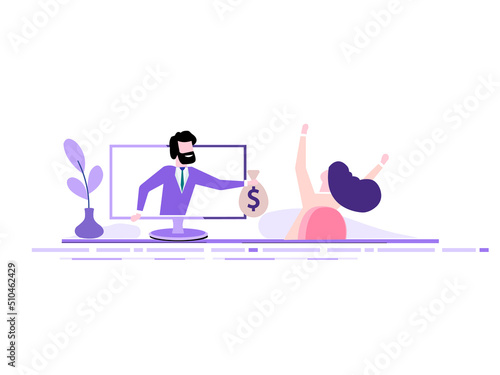 A man from a monitor holds out a bag of money to a happy woman. Concept of earnings on the Internet, online income, gambling.