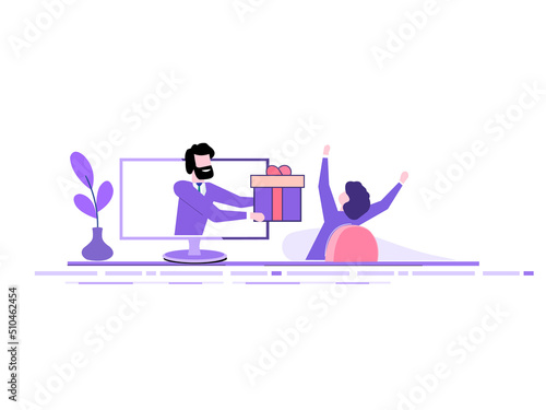 Handsome businessman holds out a big gift box from a monitor to a happy man. Special offer or loyalty program concept.