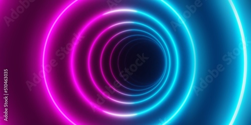 Modern, abstract round circle blue and pink neon light frames hypnotic fading tunnel over black background