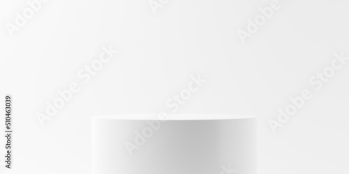 White floating empty, blank dais, podium or platform in front of white wall background, round product presentation template mock-up