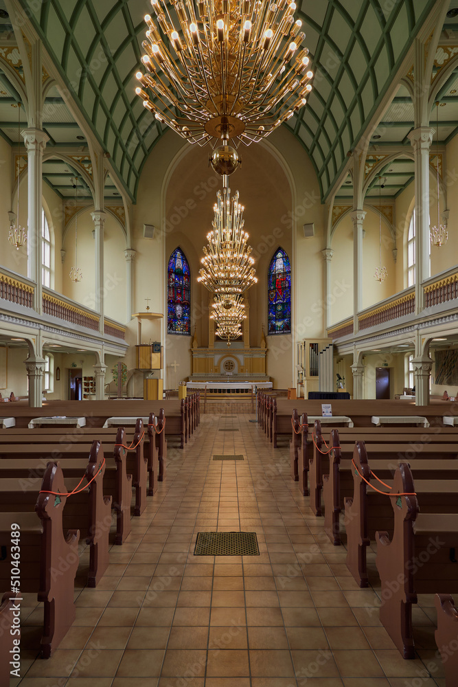 Fototapeta premium Inside Mikkeli Lutheran Cathedral in european Finland without people.
