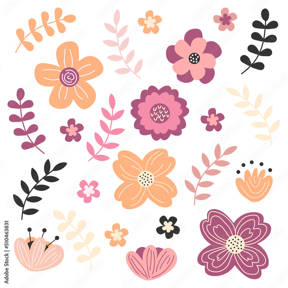 Spring flowers set with pastel color. Floral and leaves elements collection. Simple hand drawn icons on white