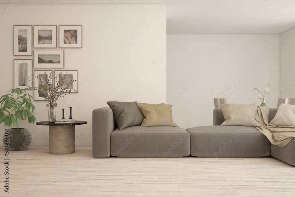 Fototapeta premium White living room with sofa. Scandinavian interior design. 3D illustration