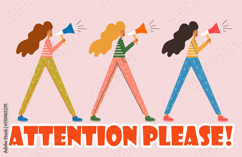 Young girls scream into a loudspeaker  and attract attention. Attention please.