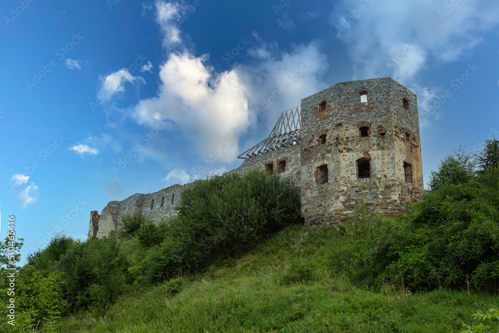 Scenery ancient ruined Pniv castle outdoor, on hill, western Ukraine. Ukrainian architectural  landmark.