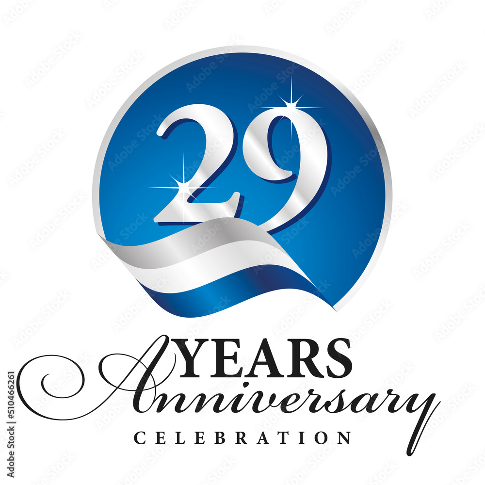 Anniversary 29 years celebration logo silver white blue ribbon background Anniversary 29 years celebration logo silver white blue ribbon background