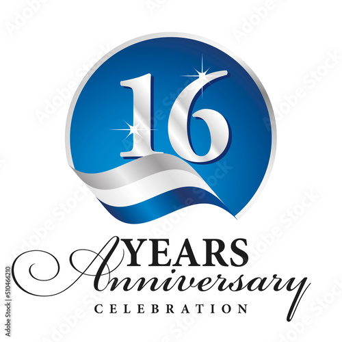 Anniversary 16 years celebration logo silver white blue ribbon background