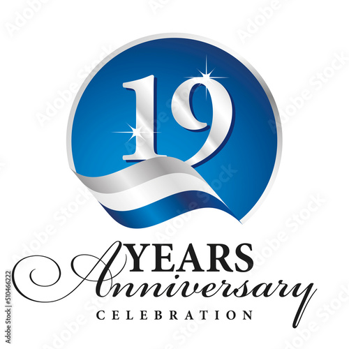 Anniversary 19 years celebration logo silver white blue ribbon background
