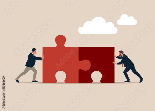 Businessmen pushing two jigsaw puzzle elements. Business concept. Teamwork metaphor. Symbol of working together, cooperation, partnership. Vector illustration in flat style.