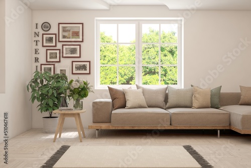 White living room with sofa and summer landscape in window. Scandinavian interior design. 3D illustration