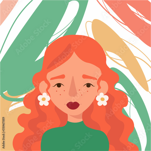 Young beautiful red haired girl with long curly hair. Abstract background. Vector illustration.