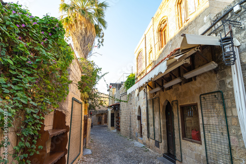 Fototapeta Naklejka Na Ścianę i Meble -  Narrow street among the stone houses of the ancient city of Rhodes on the island of Rhodes, Greece