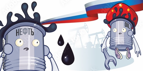 Russian oil, sanctions on Russian oil. Cartoon barrel of Russian oil.