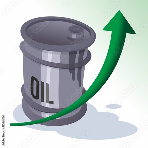 Growth of crude oil prices. Oil barrels with a growth chart in the investment market and trade arrows up. Bear market of oil