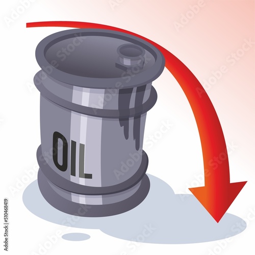 Growth of crude oil prices. Oil barrels with a growth chart in the investment market and trade arrows down. Bull market of oil.