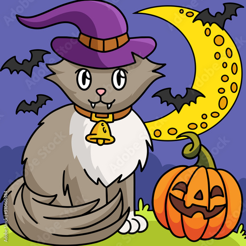 Vampire Cat Halloween Colored Cartoon Illustration