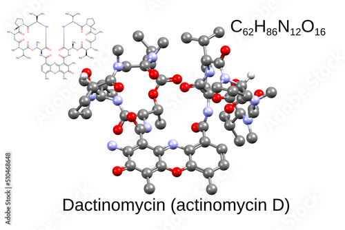 Chemical formula, skeletal formula, and 3D ball-and-stick model of chemotherapeutic drug dactinomycin, white background