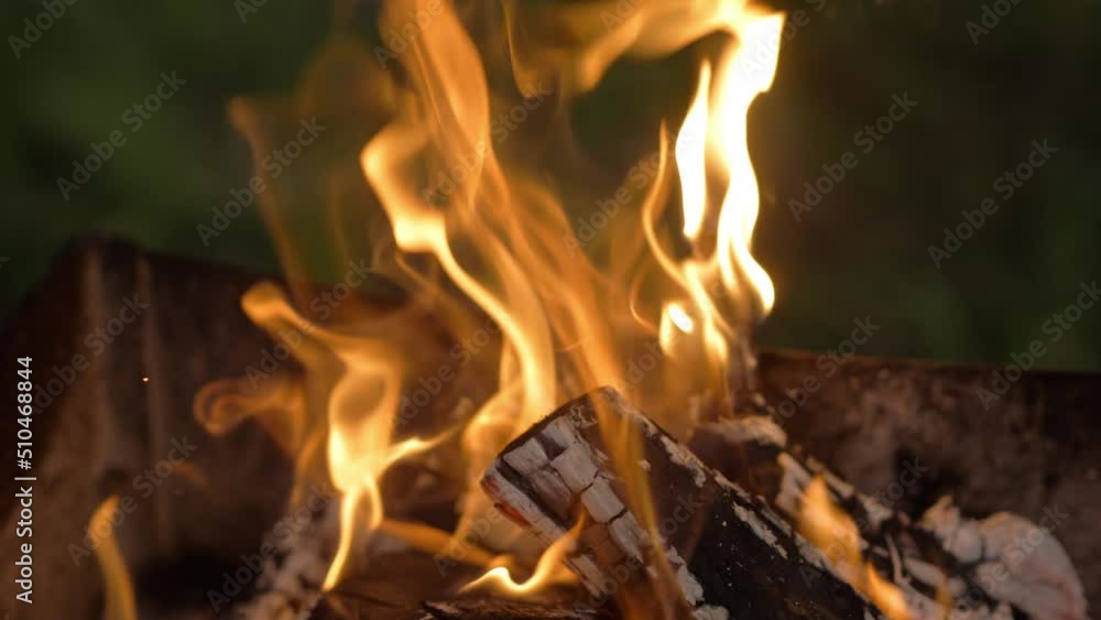 Close-up, flames from fire. Burning hot firewoods fire sparks on a dark background. Raging Campfire Flames. Close-up, flames from fire. Burning hot firewoods fire sparks on a dark background. Raging Campfire Flames.