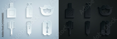 Set Electrical hair clipper or shaver, Mustache and beard, Hairbrush, Blade razor, Cream lotion cosmetic tube and Aftershave icon. Vector