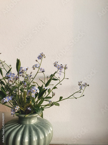 Fototapeta Naklejka Na Ścianę i Meble -  Beautiful blue spring flowers in vase on windowsill in evening sunlight against wall. Forget me nots. Atmospheric image. Creative spring details. Vertical phone photo