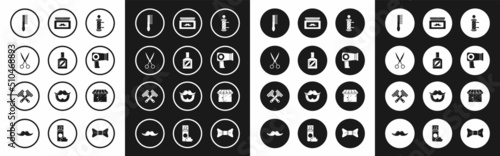 Set Classic Barber shop pole, Aftershave, Scissors hairdresser, Hairbrush, dryer, Cream lotion cosmetic jar, Barbershop building and Crossed shaving razor icon. Vector
