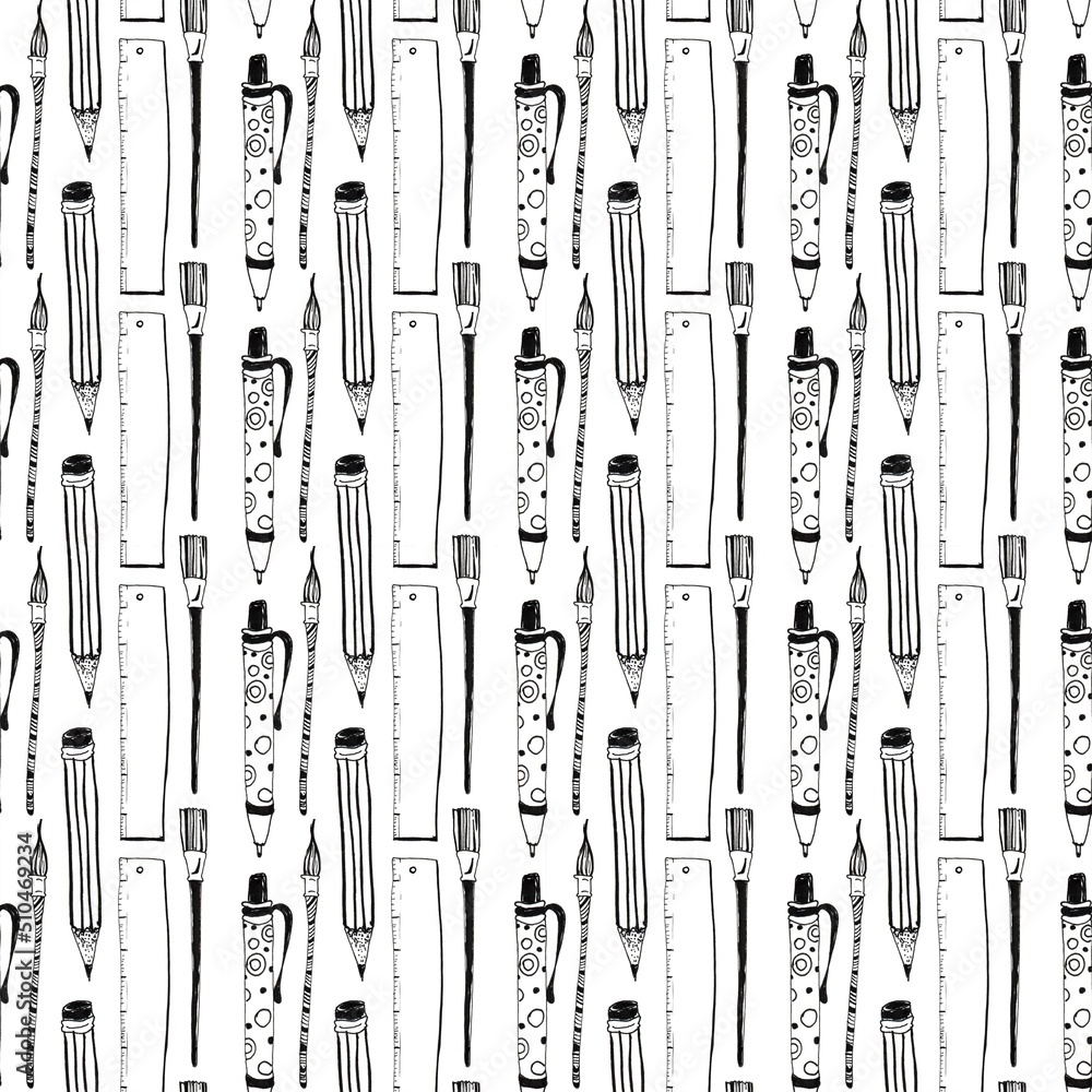 Back to school doodle seamless pattern. Hand drawn with ink.