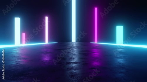 Driving along the old road towards the big bright neon towers, retro futuristic style, minimalistic urban landscape, 80 game slot machines, technological background, 4k animation, 3d loop stock video