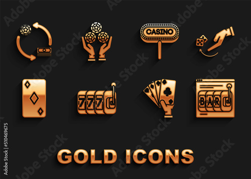Set Slot machine with lucky sevens jackpot, Online slot, Hand holding playing cards, Playing diamonds symbol, Casino signboard, chips exchange stacks of dollars and casino icon. Vector