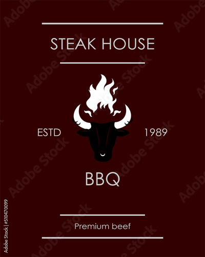 Barbecue restaurant - minimalistic vector cover, postcard, bpnner, invitation, flyer coupon. Barbecue, grill and bar logo with fire, grill fork and spatula, depicting a bull. BBQ logo template.