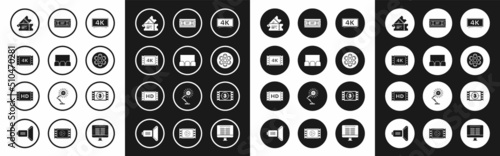 Set , 4k movie, tape, frame, Cinema ticket, Film reel, VHS video cassette, Play Video and icon. Vector