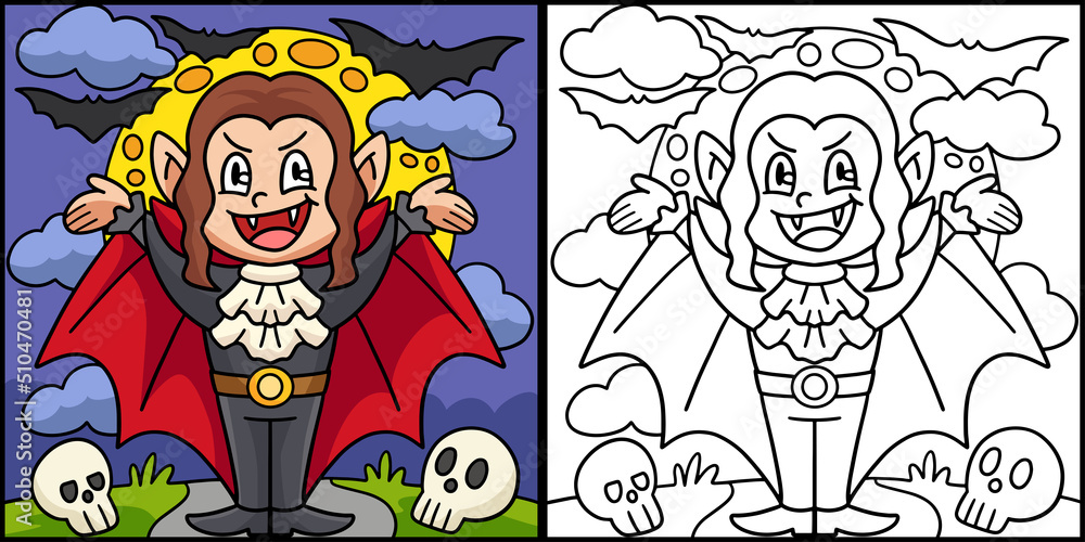 Vampire Girl Halloween Colored Illustration