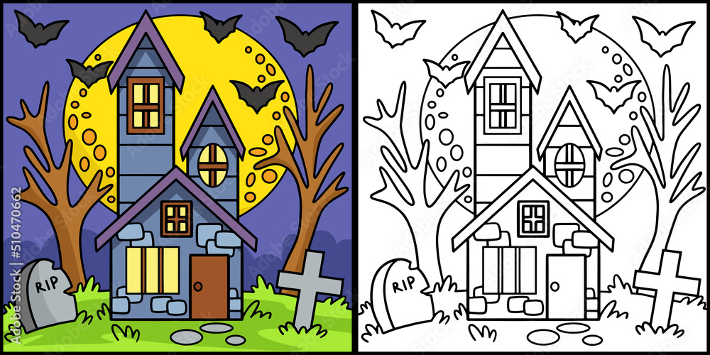 Haunted House Halloween Colored Illustration