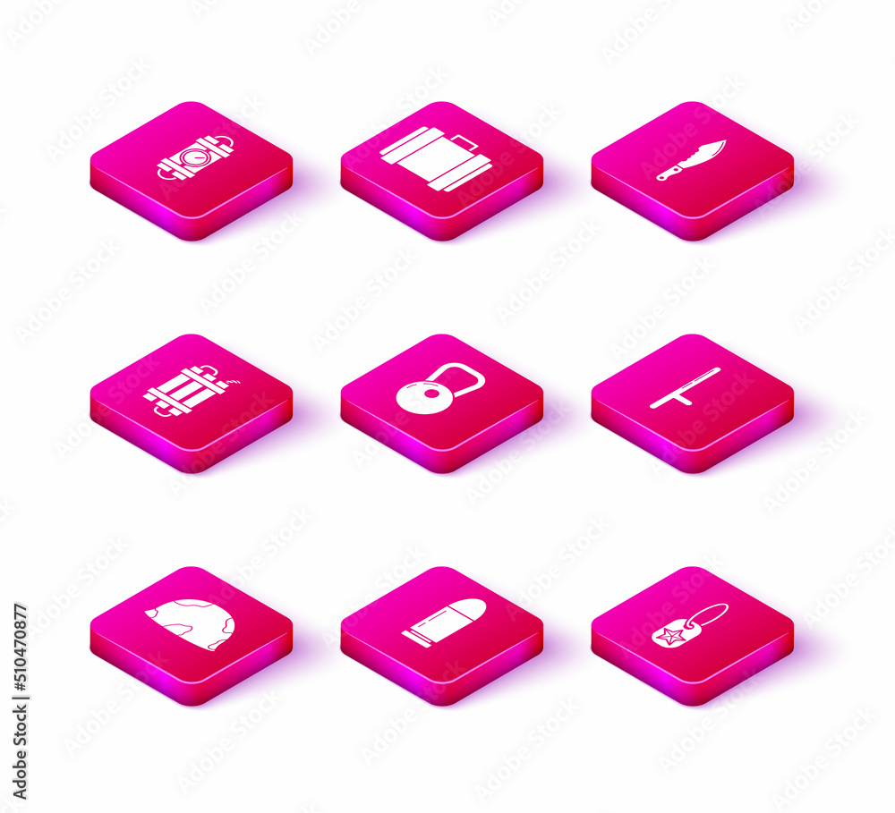 Set Military helmet, Bullet, Detonate dynamite bomb stick, Kettlebell, dog tag, Police rubber baton, knife and ammunition box icon. Vector Set Military helmet, Bullet, Detonate dynamite bomb stick, Kettlebell, dog tag, Police rubber baton, knife and ammunition box icon. Vector