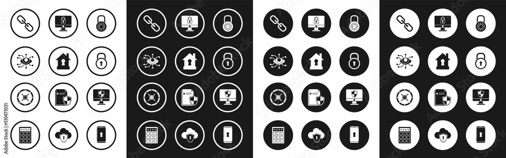 Set Safe combination lock wheel, House under protection, Eye scan, Chain link, Lock, computer monitor screen, Computer and shield and icon. Vector Set Safe combination lock wheel, House under protection, Eye scan, Chain link, Lock, computer monitor screen, Computer and shield and icon. Vector