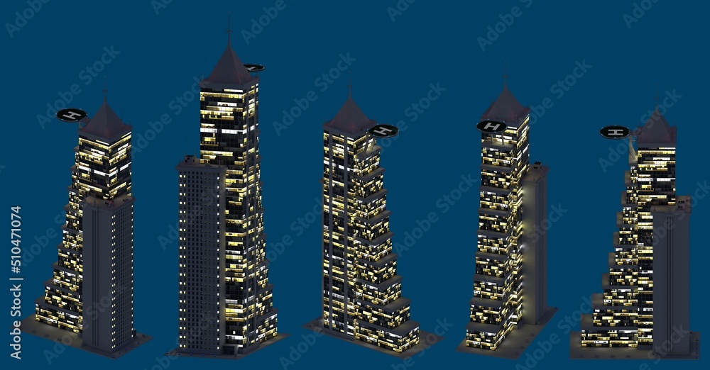 modern fictional houses at evening with glowing lights, isolated top view megapolis life concept - 3d illustration of architecture modern fictional houses at evening with glowing lights, isolated top view megapolis life concept - 3d illustration of architecture