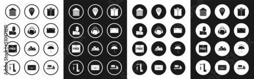 Set Gift box, Support operator in touch, Delivery man with cardboard boxes, Closed warehouse, Envelope, Placeholder on map paper, Umbrella and rain drops and Cardboard free symbol icon. Vector